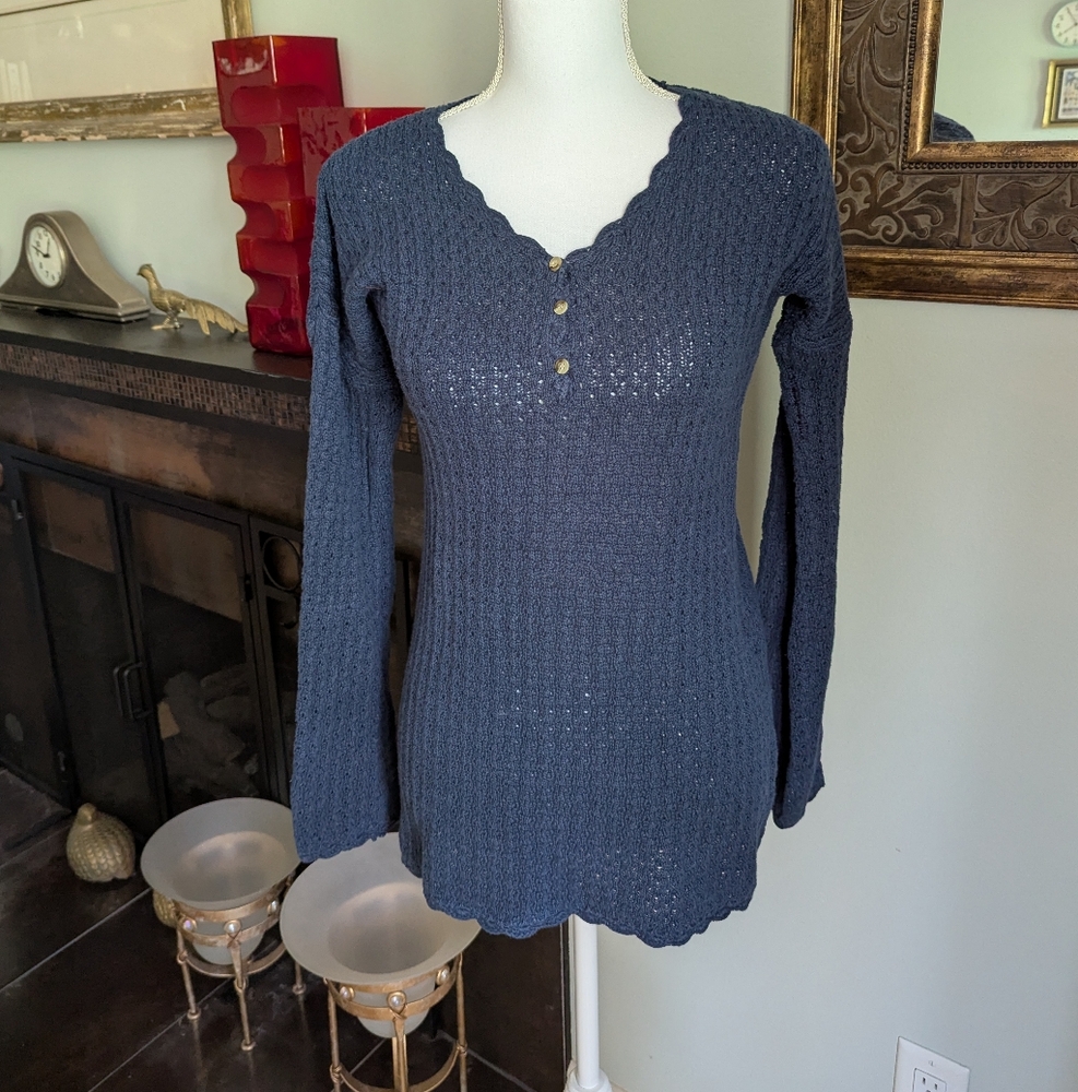 90s Vtg Open Knit Blue Long Henley Button Sweater Long Sleeve Women's Small 182
